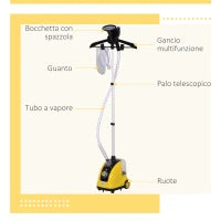 Stiratrice Verticale a Vapore, Stiratore Verticale 1950W da 1.4L con Asta Estendibile e 2 Rotelle per Abiti, Tende e Divani, in ABS e PP, 26x21.5x29 cm, Giallo