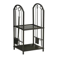 Portalegna a 2 Ripiani in Metallo con Paletta, Scopa, Attizzatoio e Pinza, 41.5x32.5x74.5 cm, Nero