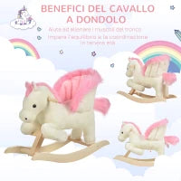 Cavallo a Dondolo Bianco e Rosa con Suoni e Struttura in Legno di Pioppo per Bambini 18-36 Mesi, 70x28x57cm