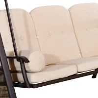 Dondolo 3 Posti con Tetto Regolabile, Portabicchieri e Cuscini, in Metallo e Poliestere, 208x121x172 cm, Beige