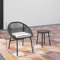 Set da Giardino con 2 Sedie con Cuscino e Tavolino da Caffè in Acciaio e Rattan PE, Nero