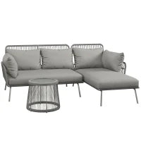 Set da Giardino in Rattan PE Stile Boho, Divano 2 Posti con Chaise Longue e Tavolino, Grigio Chiaro