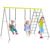 Altalena da Giardino per Bambini 4 in 1 con 2 Seggiolini, Altalena, Scala e Rete per l'Arrampicata, Verde