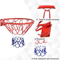 Canestro Basket da Muro in Ferro con Rete in Nylon per Esterno e Interno, Φ46cm