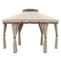 Gazebo da Giardino 4x4m Esagonale con Doppio Tetto e Tende Laterali Rimovibili, Marrone