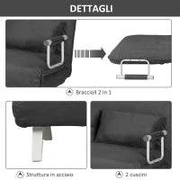 Divano Letto 2 Posti in Similpelle e Acciaio con Seduta Regolabile in 5 Posizioni, 105x80x78 cm, Grigio