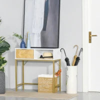 Tavolo Consolle in Legno, Consolle da Ingresso o Salotto con Design Moderno, Bianco e Oro, 80x30x80.5cm