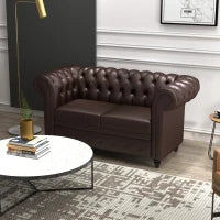 Divano 2 Posti stile Chesterfield con Cuscino Rimovibile, in Ecopelle, Legno e Metallo, 160x84x80 cm, Marrone