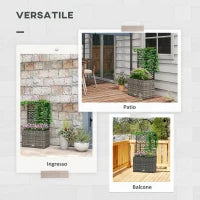 Fioriera con Grigliato per Rampicanti con 2 Vasi in Acciaio e Rattan PE, 57x30x107cm, Grigio