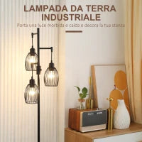 Lampada da Terra Industriale con 3 Paralumi e Intensità Regolabile, in Acciaio, 30x30x170.5 cm, Nero