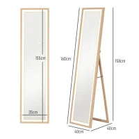 Grande specchio da terra, specchio da parete o da terra rettangolare, 40 x 160 cm con illuminazione a LED 3 colori, rovere