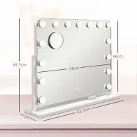 Specchio da Trucco con 14 Luci LED Regolabili e Ricarica USB, in Vetro e Metallo, 62.5x14x49.5 cm, Bianco