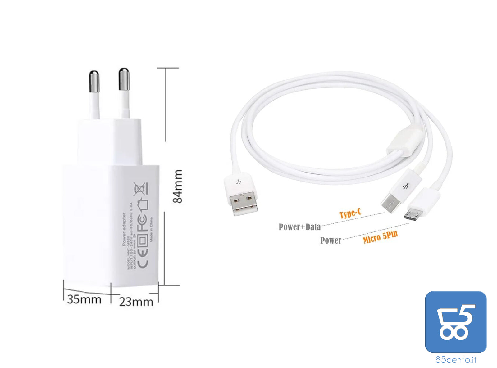 USB POWER ADAPTER - 2A 100-240VAC per IPHONE, AIRPODS, SAMSUNG con Cavo USB Splitter USB-C Micro USB