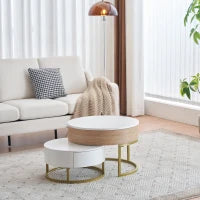 Set di Tavolini da Salotto Sovrapponibili Regolabili in Altezza con Due Cassetti, Design Elegante in MDF, 70x70x42/56,5 + 60x60x24 cm, Bianco