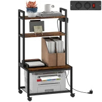 Carrello Porta Stampante a 4 Livelli con Prese di Corrente, Ruote e Telaio in Metallo, 55x37.5x100 cm, Marrone