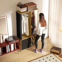 Armadio con Specchio e Asta Appendiabiti, Ripiani di Stoccaggio Aperti, Legno Naturale, Nero