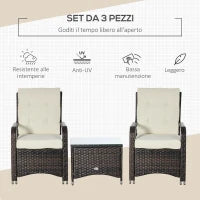 Set Mobili da Giardino in Rattan PE con Tavolino e 2 Sedie con Cuscini Sfoderabili, Marrone e Crema