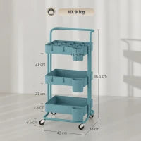 Carrello da Cucina a 3 Livelli con Maniglie e 4 Rotelle, in Acciaio, 42x38x86.5 cm, Verde Azzurro