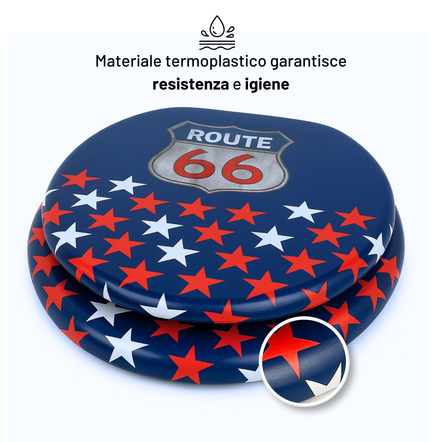 Sedile wc copri vater universale frizionato fantasia in mdf con chiusura rallentata *** fantasia route 66, confezione 1