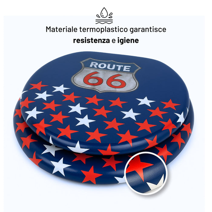 Sedile wc copri vater universale frizionato fantasia in mdf con chiusura rallentata *** fantasia route 66, confezione 1