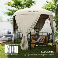 Gazebo da Giardino Rotondo Ø3m con Tende e Prese d'Aria in Metallo e Poliestere, Beige
