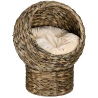 Pawhut Cuccia per Gatti Rialzata con Cuscino, Casetta Naturale con Foglie di Banana, Beige e Marrone, 40x37x51cm