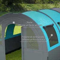 Tenda da Campeggio 3 Posti Impermeabile con Zona Notte e Giorno, in Poliestere, 480x260x200 cm, Grigio e Blu