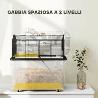 Gabbia per Criceti a 2 Piani con Ruote, Tubi, Ciotola, Bottiglia e Rampa, 58x43x57 cm, Nero