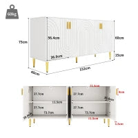 Credenza cucina design unico a onde con 4 ante e 2 cassetti, maniglie e piedi dorati, in MDF, 152×40×75 cm, Bianco