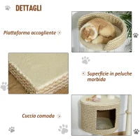 Albero Tiragraffi per Gatti Multi-livello, 2 Piattaforme, 1 Casetta e Corde in Juta, 61x41x96 cm, Beige