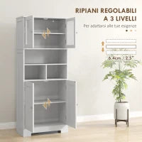 Credenza Cucina con 2 Armadietti e 3 Vani Aperti, Ante a Vetro e Ripiani Regolabili, 60x30x145.5 cm, Bianco