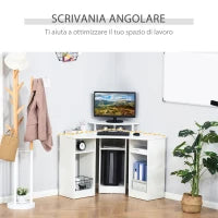 Scrivania Angolare con 3 Sezioni, Scrivania per Camera o Ufficio, Scrivania PC in Legno con Ripiano Monitor, Bianco