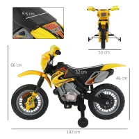 Moto Elettrica per Bambini 3 anni e Più, Moto Cross Elettrica con Rotelle, Batteria 6V Velocità 2.5km/h, 102 x 53 x 66cm, Giallo