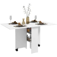 Tavolo Pieghevole Salvaspazio a 2 Ribalte per 6 Persone con Ripiani e Ruote, Bianco