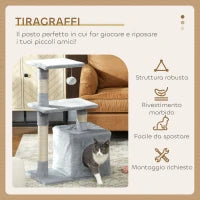 Tiragraffi per Gatti con Casetta, 2 Piattaforme e Pallina, in Legno, Sisal e Peluche, 50x30x81.5 cm, Grigio
