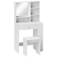 Set Toeletta da Trucco con Tavolino e Sgabello, Specchio e Ripiani in Legno, Bianco