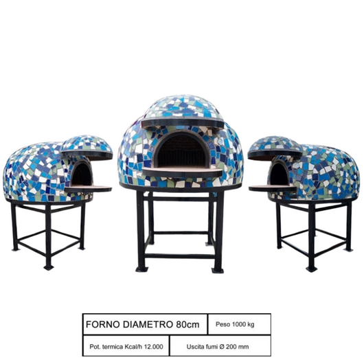 Forno legna artigianale mosaico blu linea cetara diametro 80 cm con base ferro