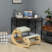 Sedia Inginocchiatoio Regolabile in 6 Posizioni, in Tessuto Effetto Lino e Legno di Betulla, 55x85x55 cm, Crema