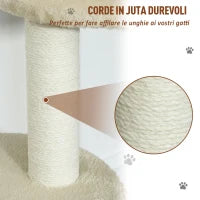 Albero Tiragraffi per Gatti Multi-livello, 2 Piattaforme, 1 Casetta e Corde in Juta, 61x41x96 cm, Beige