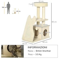 Albero Tiragraffi per Gatti con Tappetino e Pali in Sisal, Casetta Sfoderabile e Lettino, 60x30x83cm, Beige