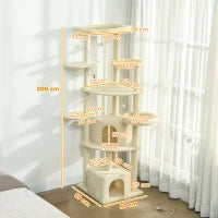 Albero per Gatti Alto 200 cm Multilivello con 2 Casette, 2 Lettini e Amaca, Struttura per 2-3 Gatti, Beige