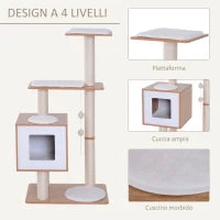 Tiragraffi Gatto Altezza 120cm con Cuccia Piattaforme e Giochi Sisal, MDF 71.5x49.5x120cm legno, bianco