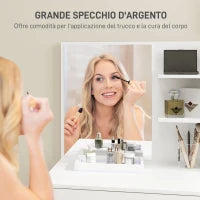 Tavolo da Trucco a 3 Ripiani e Cassetti con Specchio e Sgabello, in Truciolato, 75x40x137 cm, Bianco