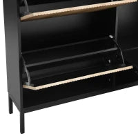 Scarpiera con sgabello per cambio scarpe, 3 ante con ripiani, 100x25x100 cm, Nero e Legno naturale