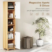 Colonna Bagno con 2 Armadietti e Ripiani Aperti, Mensole Interne Regolabili, 30x30x166 cm, Bianco e Legno