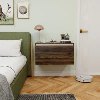 Comodino Sospeso con Cassetto Senza Maniglie e con Fissaggio a Parete, 80x30x45cm, Noce