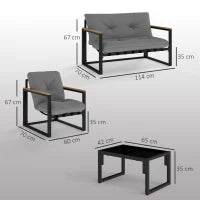 Set da Giardino 4 Pezzi con 2 Sedie, Divanetto 2 Posti e Tavolino, in Acciaio e Poliestere Grigio Chiaro e Nero