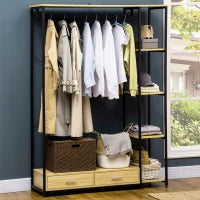 Appendiabiti in Stile Industriale con 2 Cassetti e 4 Ripiani Aperti in Dotazione, in Acciaio e Truciolato, 130x40x180cm, Color Legno e Nero