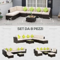 Mobili da Giardino in Rattan e Alluminio Set 8 Pezzi, Salotto da Giardino Componibile con Divani e Tavolino da Esterno