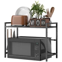 Porta Microonde Estensibile a 2 Livelli con 3 Ganci, in Metallo, 39.5-64x32x47.5 cm, Nero